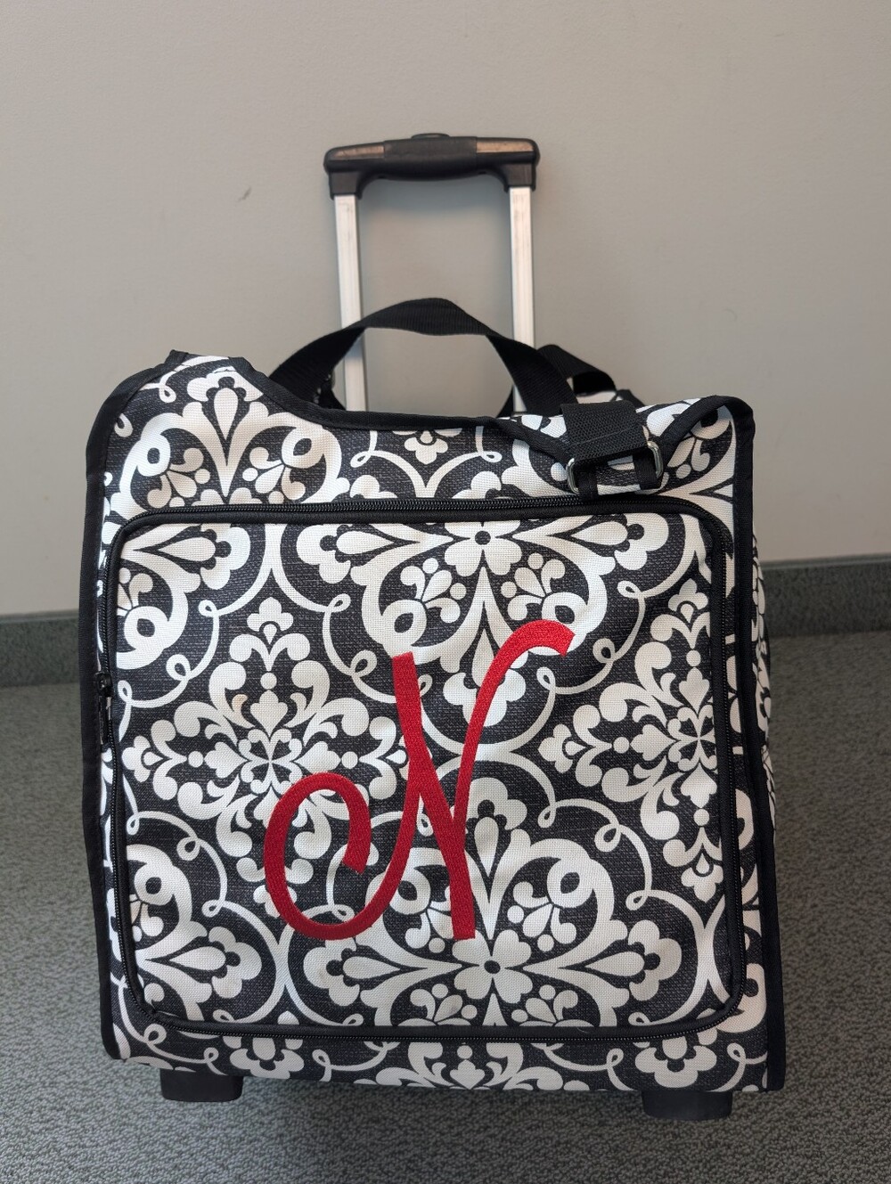 Thirty-One Black & White Damask Rolling Tote Bag/Carry On with Red Monogram